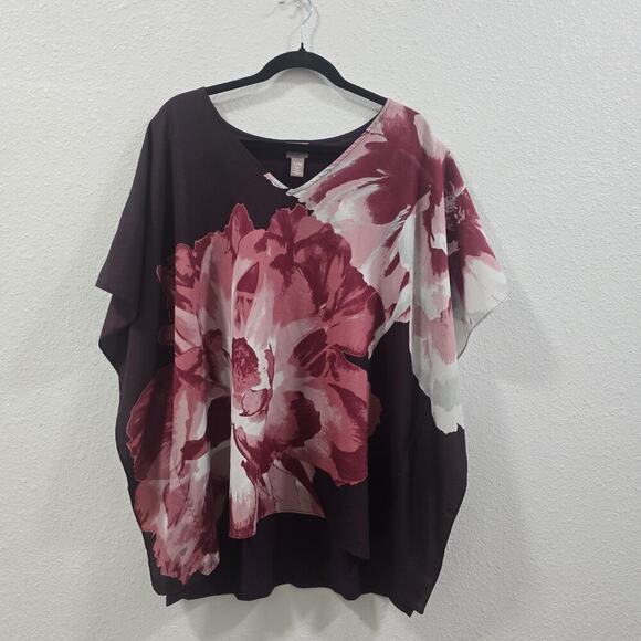 Chico’s S/M Sheer Floral Blouse Burgundy Pink Oversized Poncho Top Flowy - Picture 3 of 11